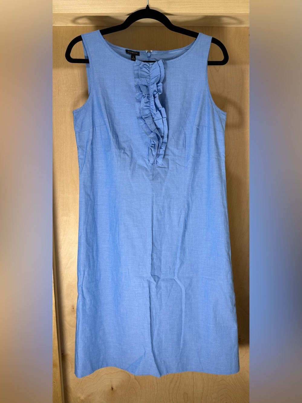 Talbots Sky Blue Ruffle-Front Sleeveless Shift Dress Size 6 Cotton